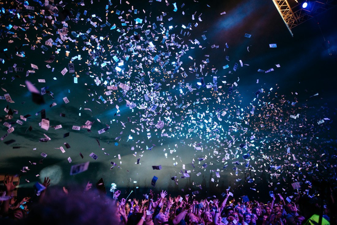Confetti over a full house at the close of an Odyssey event
